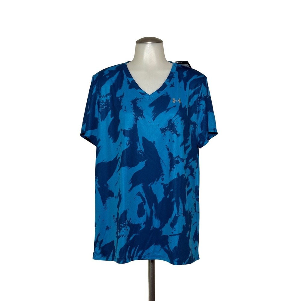 Under Armour Velocity Print SSV T-Shirt Womens XL Blue V-Neck Active NEW Cool!!